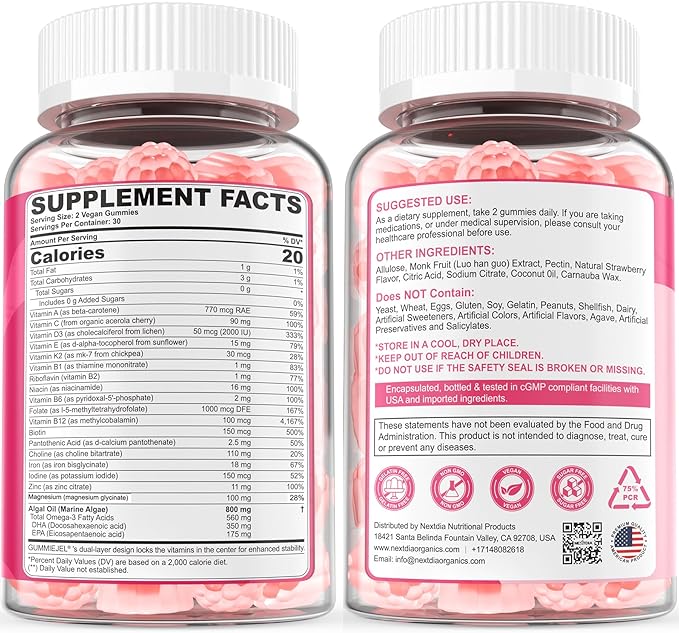 Prenatal Vitamins for Women Gummies, Methylfolate 1mg, Vegan Omega 3 DHA 800mg, Iron, Choline, Iodine, Vitamin D3 B6 B12 - Multivitamin for Women Before, During & After Pregnancy, Sugar Free, 60 Count