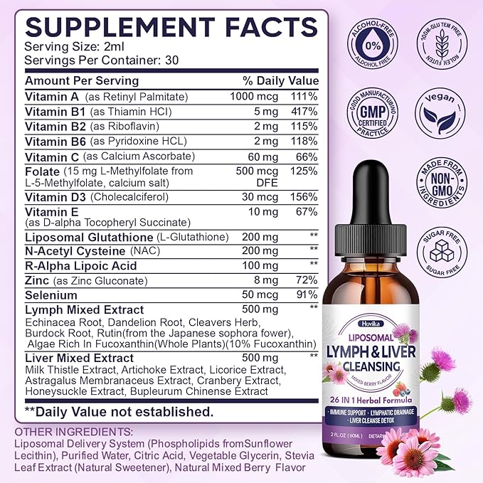 Liposomal Lymphatic Drainage Drops, 26 in 1 Liver Cleanse Detox & Repair with Milk Thistle, Echinacea, Glutathione, Vitamins, Lymph-Liver Cleanse, Gut & Metabolic Health - Mixed Berry Flavor 4 Fl Oz