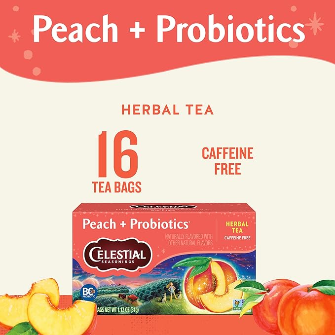 Celestial Seasonings Peach + Probiotics Herbal Tea, Caffeine Free, 16 Tea Bags Box (Pack of 6)