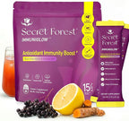 Secret Forest ImmuniGlow, 1000mg Vitamin C, 1000mg Black Elderberry, Probiotics, Colostrum, Turmeric & Zinc – Antioxidant & Recovery Formula, Daily Immunity & Gut Support Drink Mix (15 Packets)