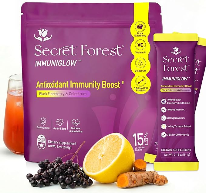 Secret Forest ImmuniGlow, 1000mg Vitamin C, 1000mg Black Elderberry, Probiotics, Colostrum, Turmeric & Zinc – Antioxidant & Recovery Formula, Daily Immunity & Gut Support Drink Mix (15 Packets)