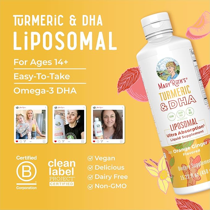 MARYRUTH'S Organics | Liposomal Turmeric & DHA | Curcumin | Ginger Root Oil | Algal DHA & Vitamin E | Cognitive Function | Mood Support | Joint Health | Liquid Supplement | 15.22 oz