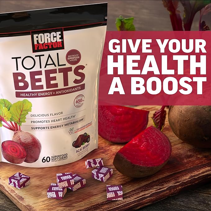 Force Factor Total Beets Soft Chews with Beetroot, Nitrates, L-Citrulline, Grapeseed Extract, & Antioxidants, Healthy Energy Supplement with Elite Ingredients for Heart, Superfood, 120 Count, 2-Pack