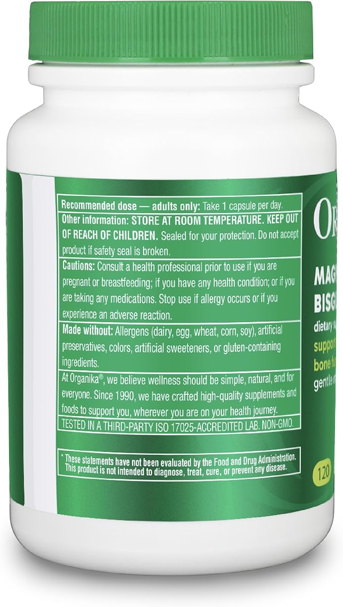 Organika Magnesium Bisglycinate 200 mg – 120 Vegetarian Capsules, Gentle on Stomach Magnesium Supplement to Support Healthy Muscle, Nerve & Bone Function