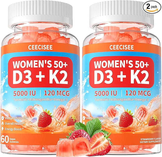 Vitamin D3 K2 Gummies Supplement for Women 50+: Organic Vitamin D3 5000 IU + K2 (MK-7) 120 mcg with 500mg Omega-3, 400mg Calcium, CoQ10 for Immune Health - Extra Strength for Adults(120Count)