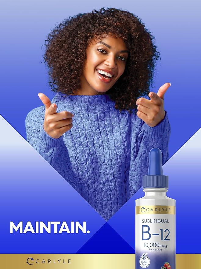 Carlyle Vitamin B12 Sublingual Liquid Drops | 10,000mcg | 2 fl oz | Vegetarian, Non-GMO, Gluten Free
