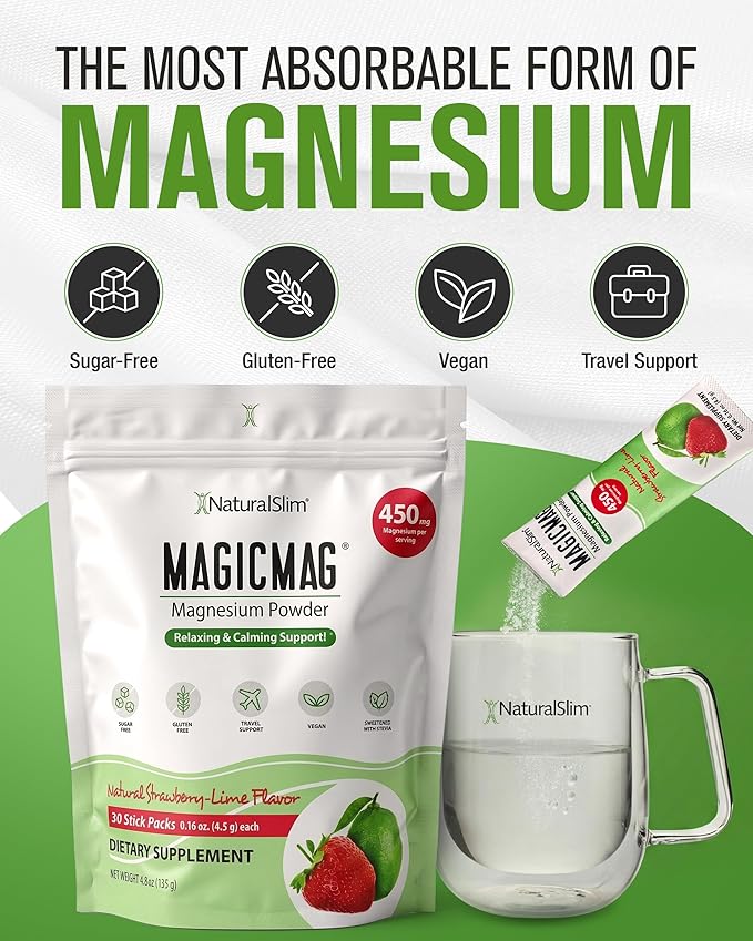 NaturalSlim Magicmag Pure Magnesium Citrate Powder – Stress, Constipation, Muscle, and Heart Support | Magnesium Supplement Drink Mix Strawberry Lime 0.16 Ounce