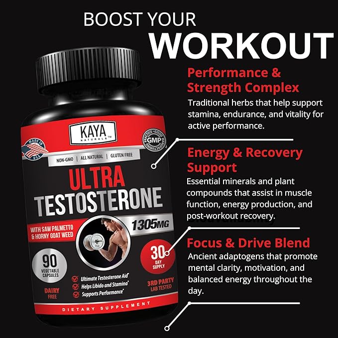 Kaya Naturals Ultra Testosterone - Men's Testosterone Booster with Tongkat Ali, Horny Goat Weed, Tribulus - Natural Workout Supplement for Energy, Stamina, and Strength Booster - 90 Count