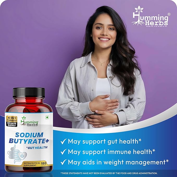 Humming Herbs Sodium Butyrate+ Capsules – 4-in-1 Digestive Support with L-Glutamine + Prebiotic Inulin + Probiotic Blend (10 Billion CFU) – Vegetarian (180)