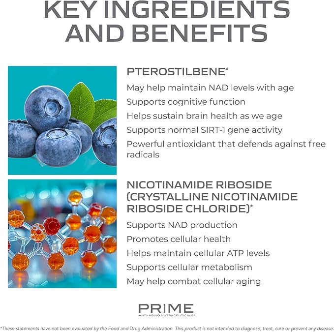 PRIME Anti-Aging Nutraceuticals NAD+ – Nicotinamide Riboside & Pterostilbene Supplement for Cellular Energy, Healthy Aging & Vitality, Vegan, Gluten-Free, 30 Servings