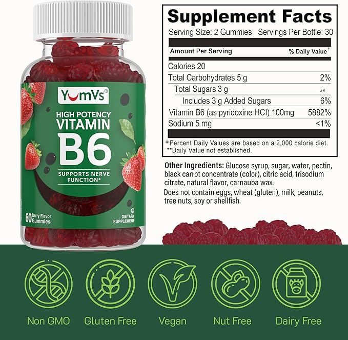 YUM-V'S Vitamin B6 Gummies - High Potency Vitamin B6 100mg - Strawberry Flavor B6 Vitamins Gummies - Nerve & Immune Function, Non GMO Kosher, 60 Count - 2 Pack