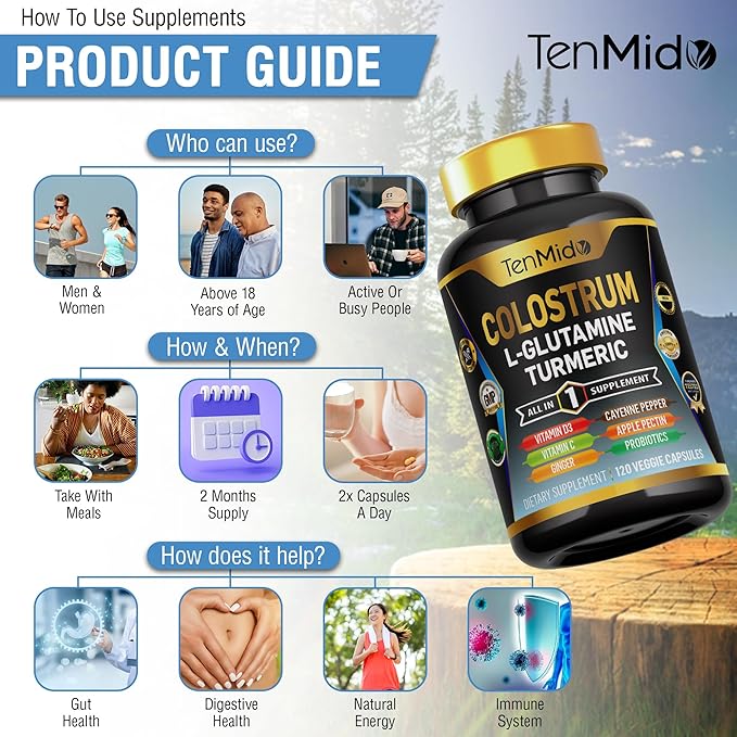 Colostrum Supplement - 10in1 Formula - Combine with L- Glutamine, Turmeric, Cayenne Pepper, Apple Pectin, Probiotics, Ginger, and More - Digestive Health, Immune Support - 120 Capsules