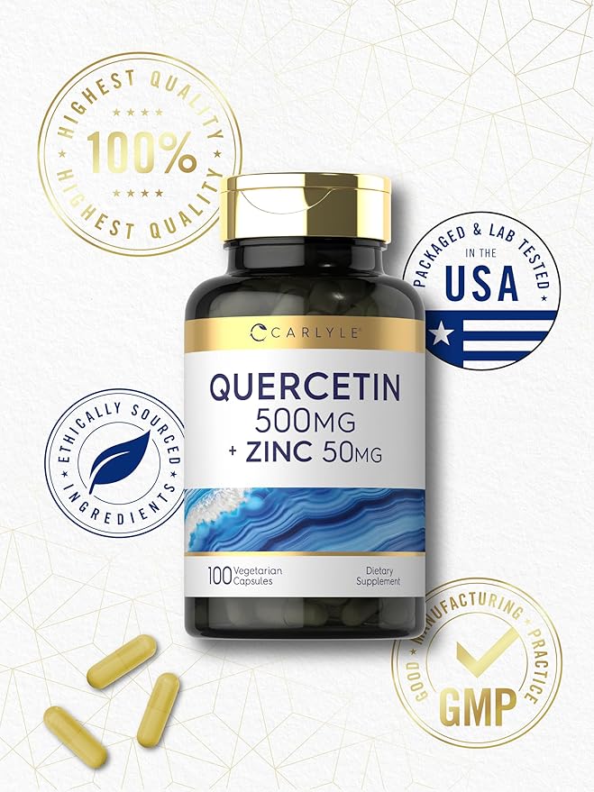 Carlyle Quercetin 500mg Capsules | with 50mg Zinc | 100 Count | Non-GMO and Gluten Free Supplement