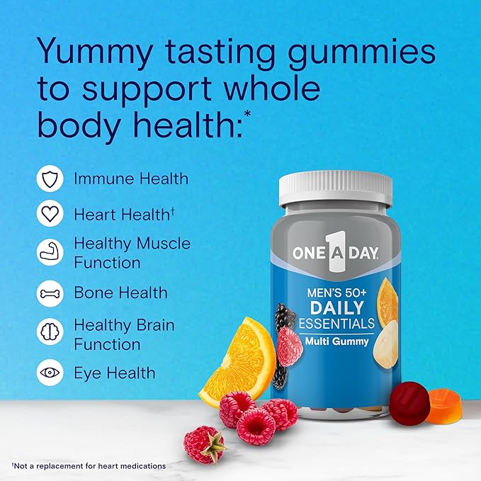 ONE A DAY Men’s 50+ Daily Essentials Multivitamin Gummies, Multivitamin for Men Over 50, Fruit Medley Flavor, 120 Gummies,(Pack of 2)