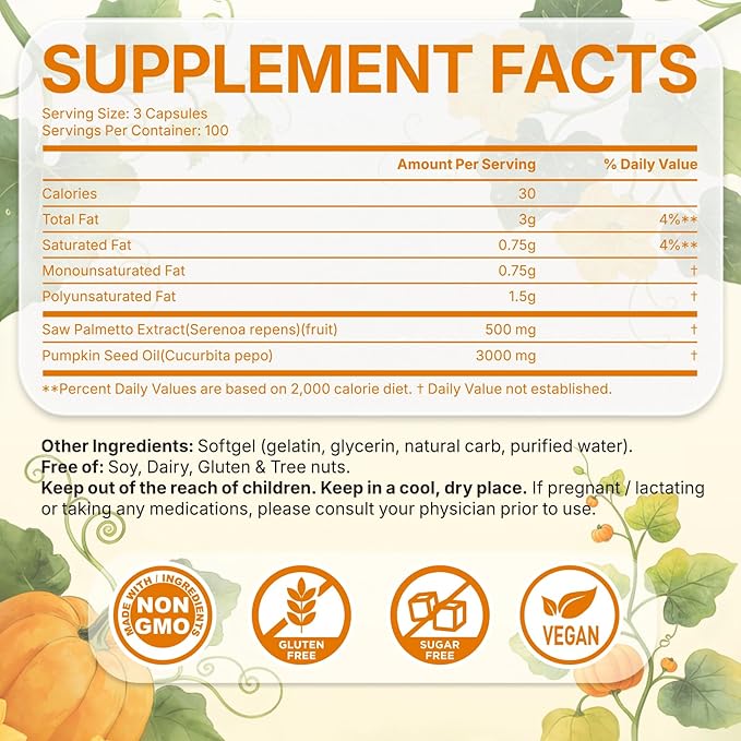 Pumpkin Seed Oil with Saw Palmetto - Cold-Pressed Softgels for Hair Growth & Prostate Support - Organic Supplement for Men & Women, Non-GMO, 300 Softgels