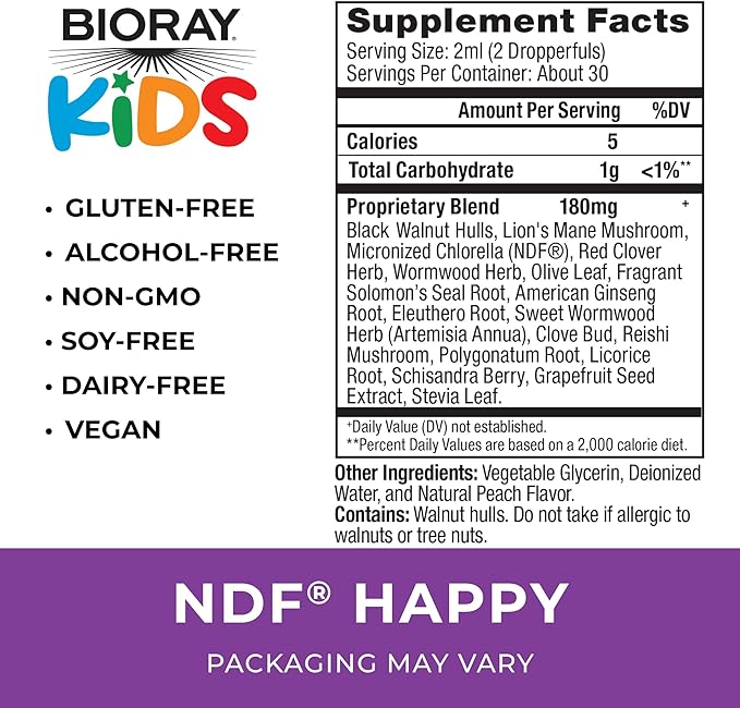 BIORAY Kids NDF Happy, Peach - 2 fl oz - Removes Unwanted Organisms That Can Trigger Irritability - 1-2 Month Supply