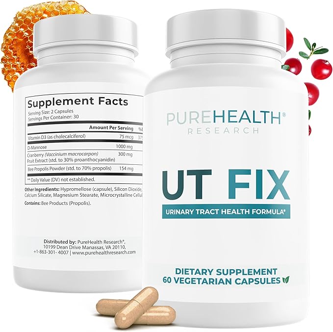 PUREHEALTH RESEARCH UT Fix - Urinary Tract Health Formula - Urinary Tract Support for Women & Men - Cranberry Supplement with D Mannose 1000mg, Vitamin D3 & Bee Propolis - 60 Capsules