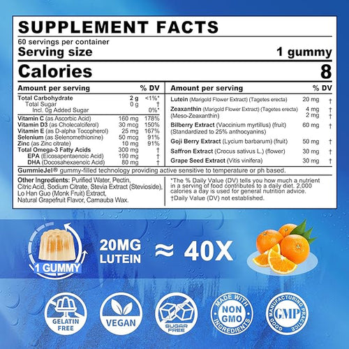 2 Pack Sugar Free Lutein 20mg 40mg and Zeaxanthin Gummies for Eyes with EPA 190mg & DHA 80mg, Eye Vitamins Filled Gummies Plus Bilberry, Goji Berry & Saffron, Eye Health Supplements for Adults - Vegan