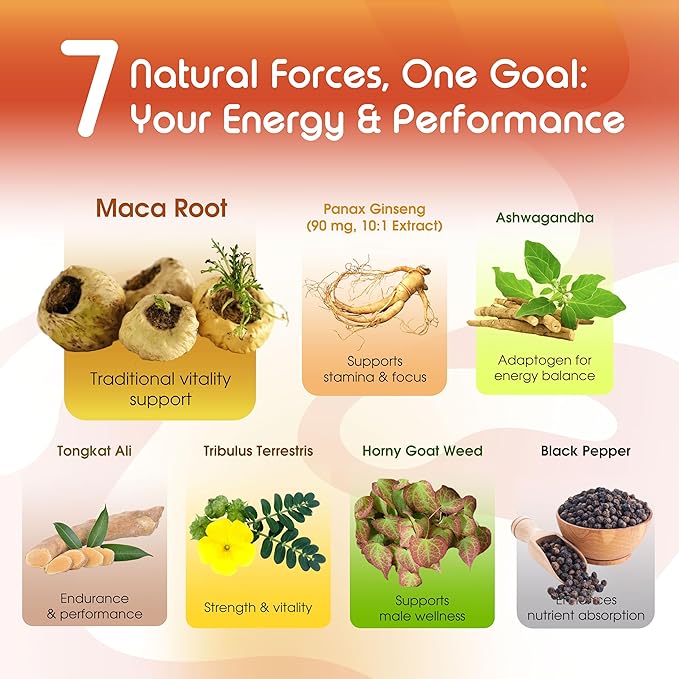 Vital Herbal Maca Root Complex with Ashwagandha, Tongkat Ali, Tribulus, Horny Goat Weed & Panax Ginseng – Herbal Support for Energy & Performance – 90-Day Supply