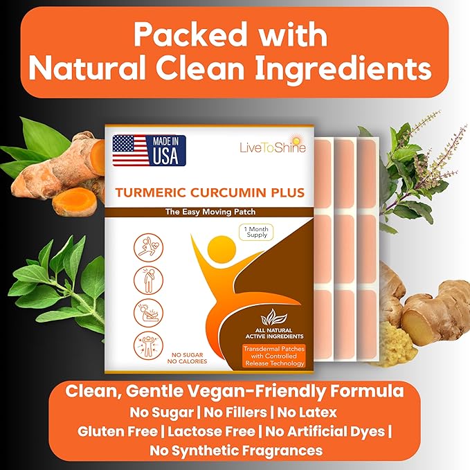Live To Shine Turmeric Curcumin Topical Patches with Ginger, Boswellia & Holy Basil – Easy Plant-Based Alternative to Pills – 30-Day Supply – Vegan, Clean, USA Made