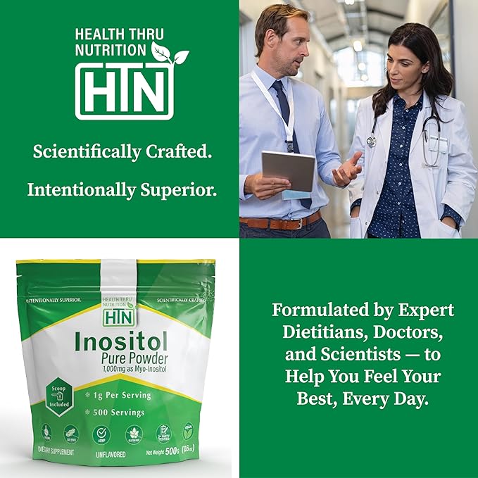 Health Thru Nutrition Inositol Powder – 500g Pure Powder as Myo-Inositol | 1,000mg (1g) Per Scoop - Included | Unflavored, Vegan, Non-GMO | 500 Servings – Clean Supplement