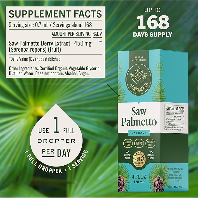 HERBAMAMA Saw Palmetto for Men Tincture - Vegan Men's Urinary Tract Support with Saw Palmetto Extract Drops - Non-GMO, Alcohol & Sugar-Free Serenoa Repens Berries Supplement, 168-Day Supply