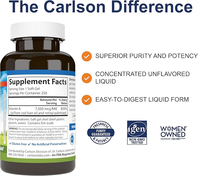 Carlson - Vitamin A, 25000 IU (7500 mcg RAE), Immune Support, Vision Health, Antioxidant, Vitamin A Supplements, 250 Softgels