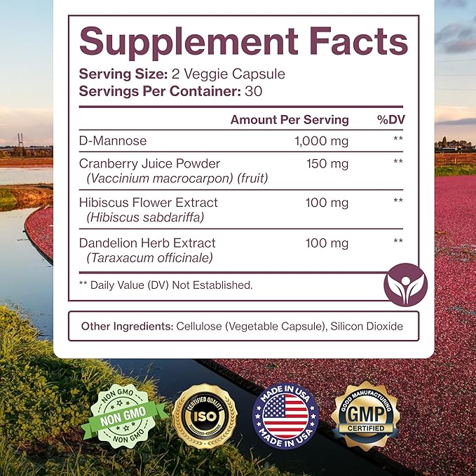 Pure D Mannose Capsules 1000mg Per Serve - Fast Acting UTI Support - Urinary Tract Cleanse & Bladder Health - Cranberry, D-Mannose, Dandelion, Hibiscus Flower - 60 Veggie Caps