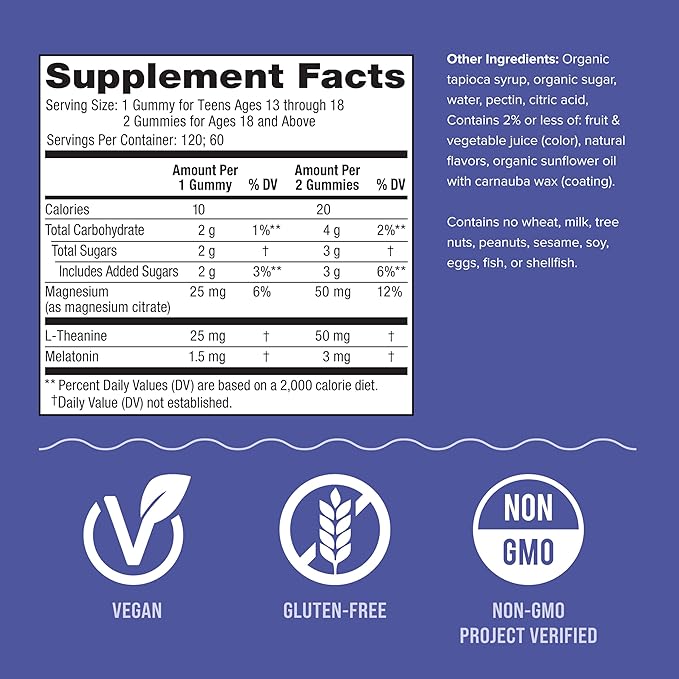 Natural Vitality Sleep Gummies, Magnesium Supplement with Melatonin and L-Theanine, Vegan, Gluten Free, Helps the Body Ease Into Sleep, Blueberry Pomegranate, 120 Count (Pack of 2)