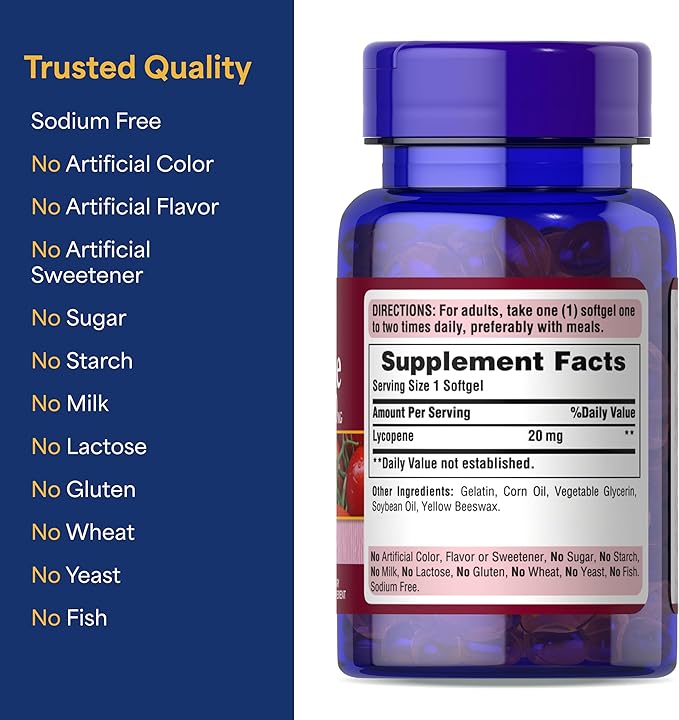 Puritan's Pride Premium Lycopene 20mg, Dietary Supplement for Prostate, Antioxidant, Heart Health, and Overall Health Support, 1 Month Supply, 60 Rapid Release Softgels