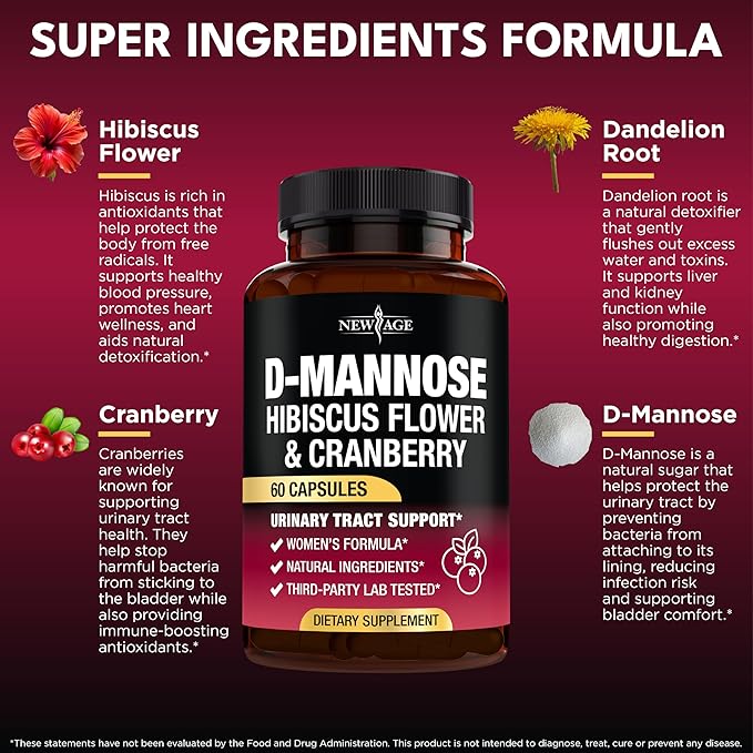 NEW AGE D-Mannose with Cranberry & Hibiscus - High Strength for Urinary Tract Health - Supplement for Women - Bladder, Liver & Microflora Support - Made in USA - Vegan, 120 Capsules