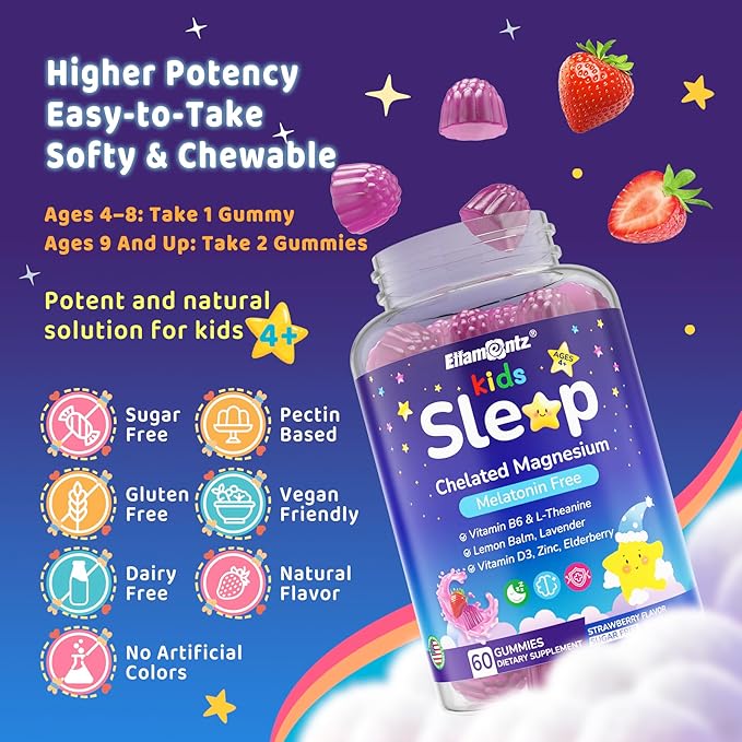 Kids Sleep Gummies, NO Melatonin Sleep Aid Gummies w/ Magnesium Glycinate, Magnesium Malate, L-Theanine, Lavender, B6, Zinc, D3K2 for Restful Sleep, Relax Brain & Muscle, Immune Support, Non-GMO 1Pack