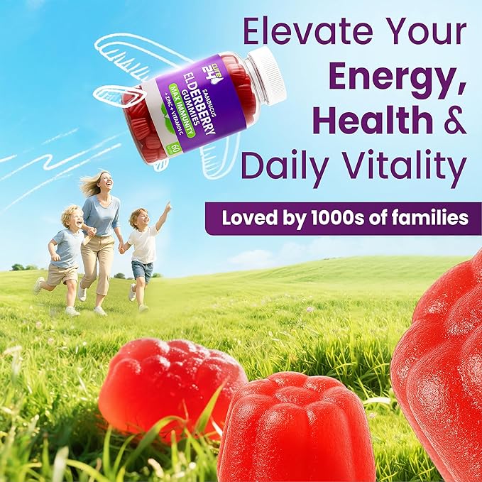 Sambucus Elderberry Gummies + Vitamin C + Zinc for Kids & Adults, X3 Immune Support, Natural Flavors + Ingredients, Vegan, Non-GMO, Made in USA (60)