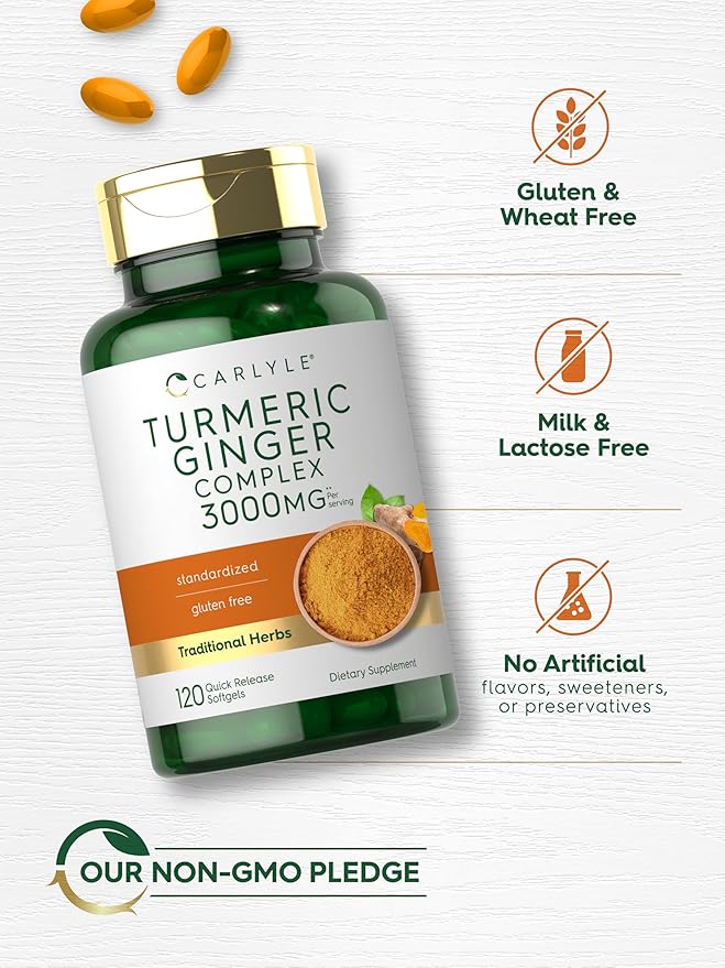 Carlyle Turmeric and Ginger Supplement | 120 Softgel Capsules | Turmeric Curcumin Complex | with Black Pepper Extract | Non-GMO, Gluten Free