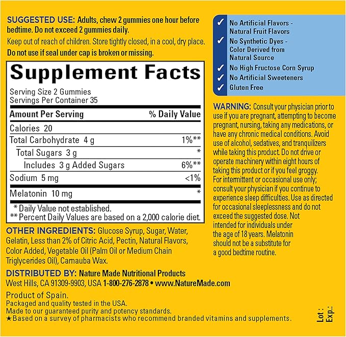 Nature Made Melatonin 10mg per serving Gummies for Adults, Maximum Strength Dosage Sleep Aid, 100% Drug Free, 70 Count Melatonin Gummies, 35 Day Supply