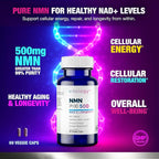 NMN-PRO 500mg – Pure NMN Supplement 99%+ High Purity Nicotinamide Mononucleotide – Supports NAD+ Levels, Cellular Energy, Healthy Aging, DNA Repair & Longevity – 60 Capsules