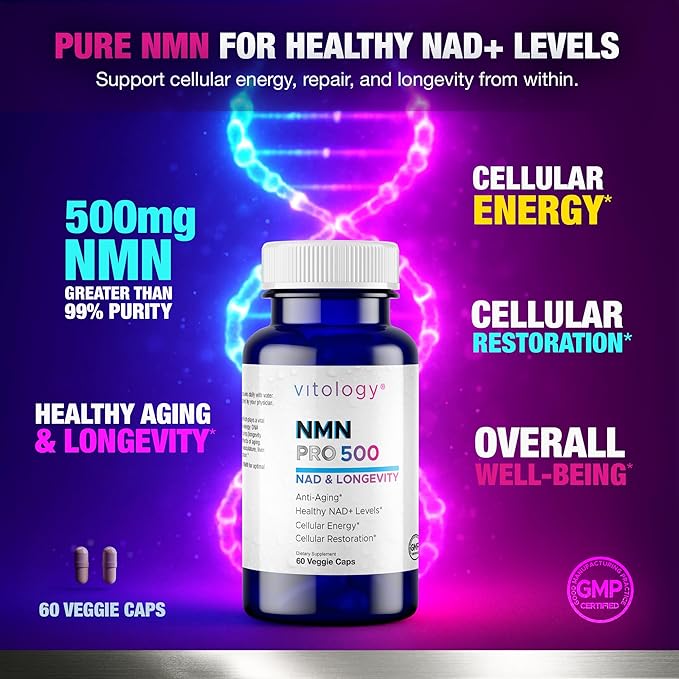 NMN-PRO 500mg – Pure NMN Supplement 99%+ High Purity Nicotinamide Mononucleotide – Supports NAD+ Levels, Cellular Energy, Healthy Aging, DNA Repair & Longevity – 60 Capsules