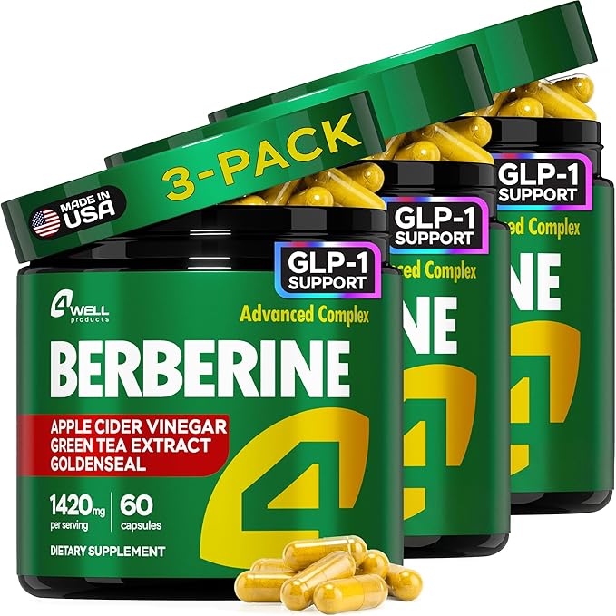 3-Pack Berberine Supplement - Triple Strength GLP-1 Activator w/Goldenseal, Apple Cider Vinegar, Green Tea Extract - Goldenseal Supplements, Digestive Health, Support Heart, Immune System, 180 Caps