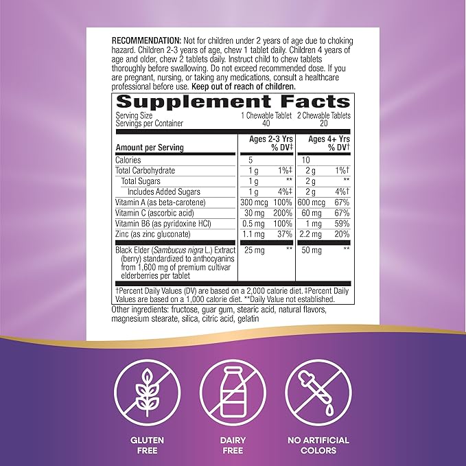 Nature's Way Sambucus Elderberry Immune Chewable for Kids, Ages 2+, Immune Support*, Vitamin C, Zinc, with Superfood Antioxidants(1), Gluten Free, 40 Chewable Tablets (Packaging May Vary)