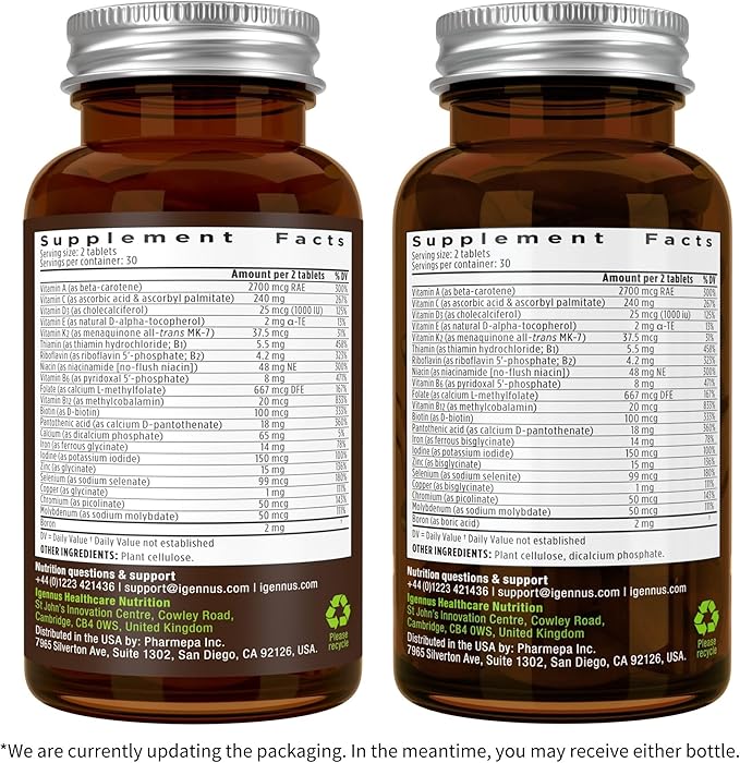 Igennus High Potency Methylated Multivitamin for Women, Pure & Clean Ingredients, MTHFR Supplement with Active B-Vitamins, Vitamin K2 MK7, Gentle Iron, Sustained Released, Non-GMO & Halal, 60 Tablets