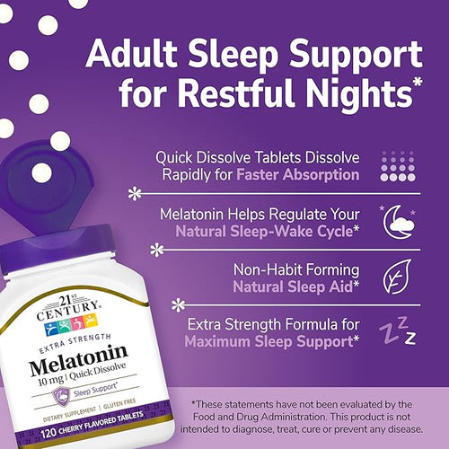21st Century, Melatonin Quick Dissolve Tablets 10 mg, White, Cherry, 120 Count