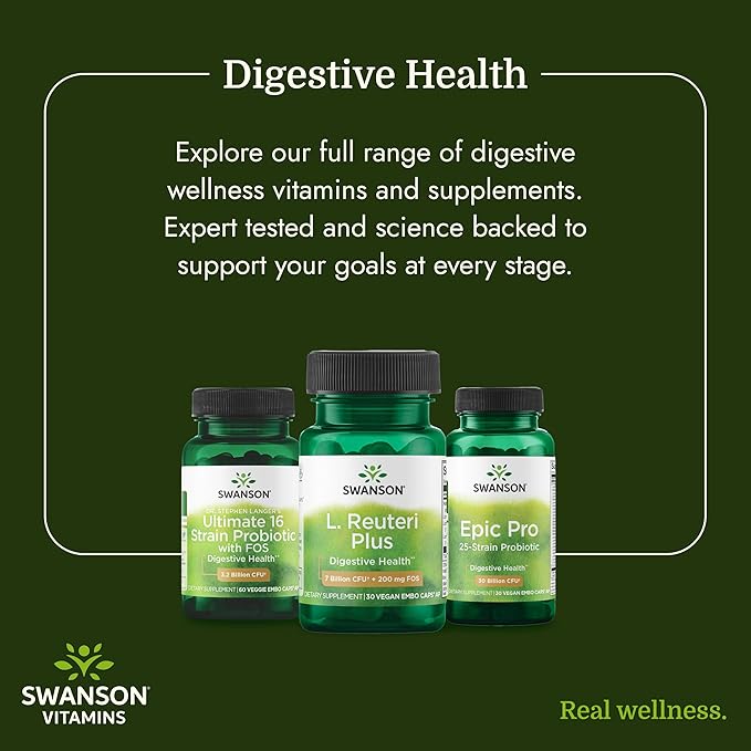Swanson L. Reuteri Probiotic Plus with L. Rhamnosus, L. Acidophilus & FOS Prebiotic for Gut-Health-Conscious Adults - 7 Billion CFU (30 Vegan Capsules)