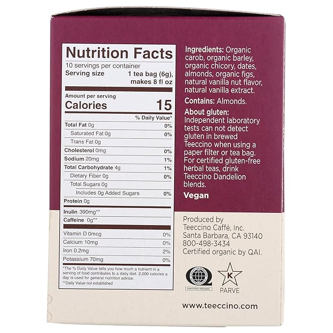 Teeccino Vanilla Nut Herbal Tea - Rich & Roasted Herbal Tea That’s Caffeine Free & Prebiotic for Natural Energy, 10 Tea Bags