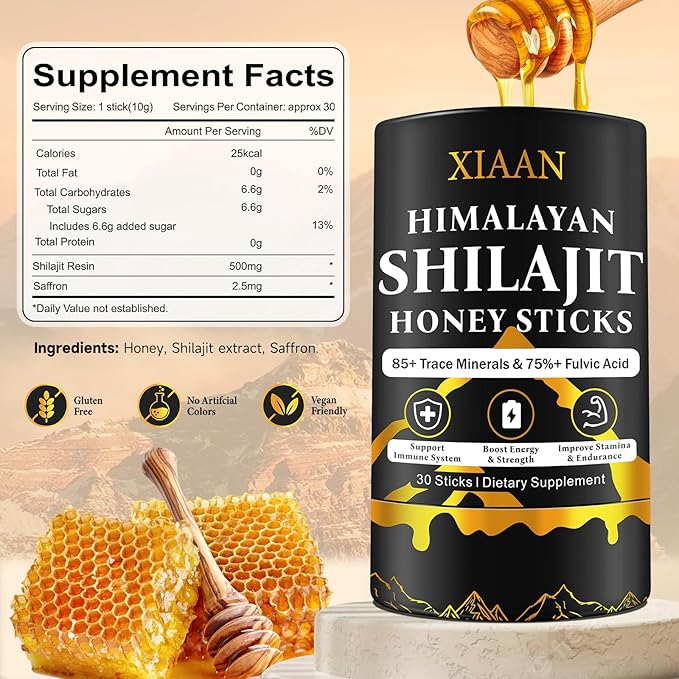 Shilajit Honey Sticks for Men & Women, Pure Himalayan Honey Shilajit with 85+ Trace Minerals, 75%+ Fulvic Acid for Energy Boost, Immune Support 30 Sticks