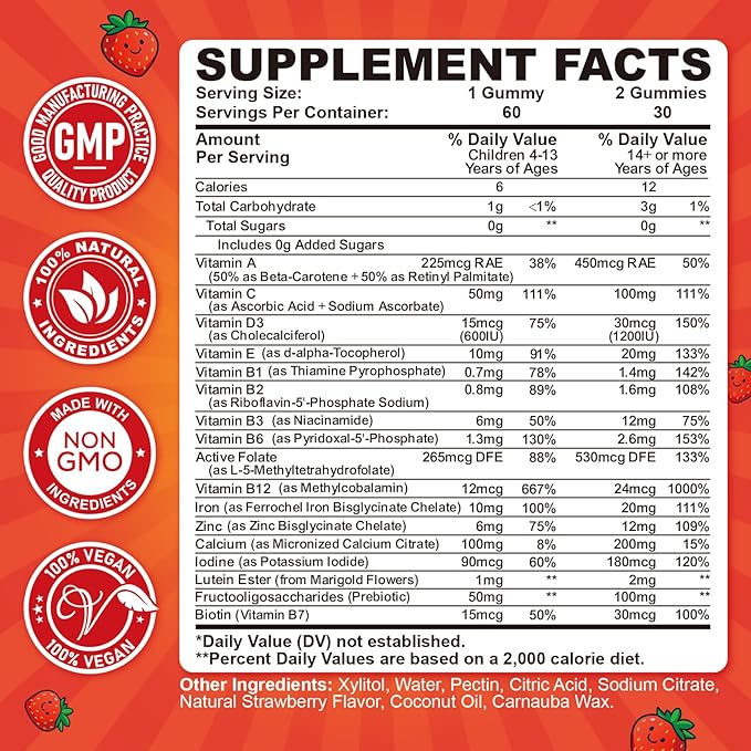 Iron Gummies for Kids & Teens, Kids Multivitamin with Iron Supplement, Calcium, Folate, Zinc, Prebiotic - for Blood Builder & Energy Support, Iron Deficiency - Vegan & Non-GMO - 60 Count Strawberry