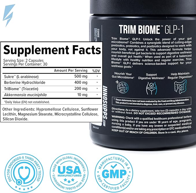 InnoSupps Trim Biome GLP-1 Supplement Weight Loss - Probiotic, Prebiotic, Postbiotic for Gut Health, Appetite & Metabolism Support with Akkermansia, Berberine - 60 Capsules, 30 Servings