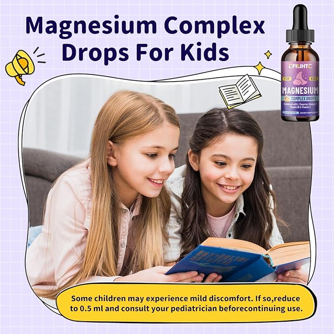 Kids Magnesium Liquid Drops-Magnesium Glycinate Liquid for Kids Supplement-w/L-theanine, Omega-3, Vitamin B6, D3 - for Sleep, Relaxation, Brain, Bones - Peach Flavor, 4 Fl Oz