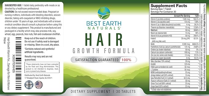Best Earth Naturals Hair Vitamin Formula to Help Support Thick Full Strong Healthy Hair - for Men & Women - 30 Count