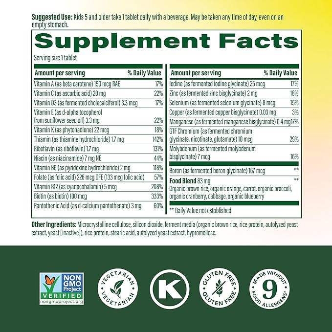 MegaFood Kids One Daily Multivitamin - Convenient Mini Multivitamin for Kids - with Zinc, Vitamins C, B & D - Vegetarian, Gluten Free, Non GMO - 60 Tablets, 60 Servings