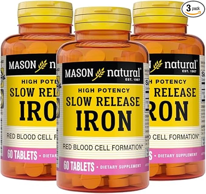 Mason Natural Slow,Release Iron (Ferrous Sulfate) 50 mg Tablets, 180 Day Supply, High Potency Supplement, Gentle on Stomach, 3 Pack